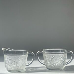 Vintage Anchor Hocking Sandwich Floral Pattern Creamer and Sugar Set